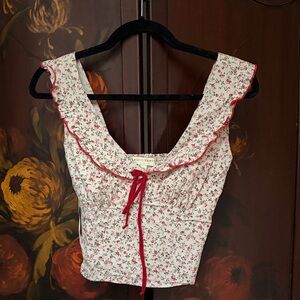 Floral Print Ruffle Blouse with Red Tie